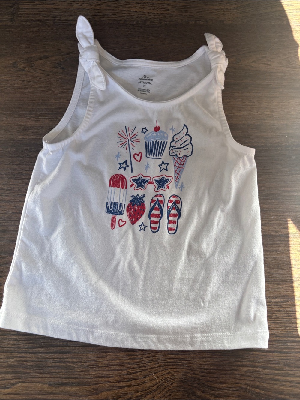Children's White Graphic Tank Top with Red & Blue Summer Print